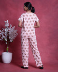 Women’s Printed Nightwear Set Short Sleeve Round Neck Top with Full Length Pajama Pants, Peach