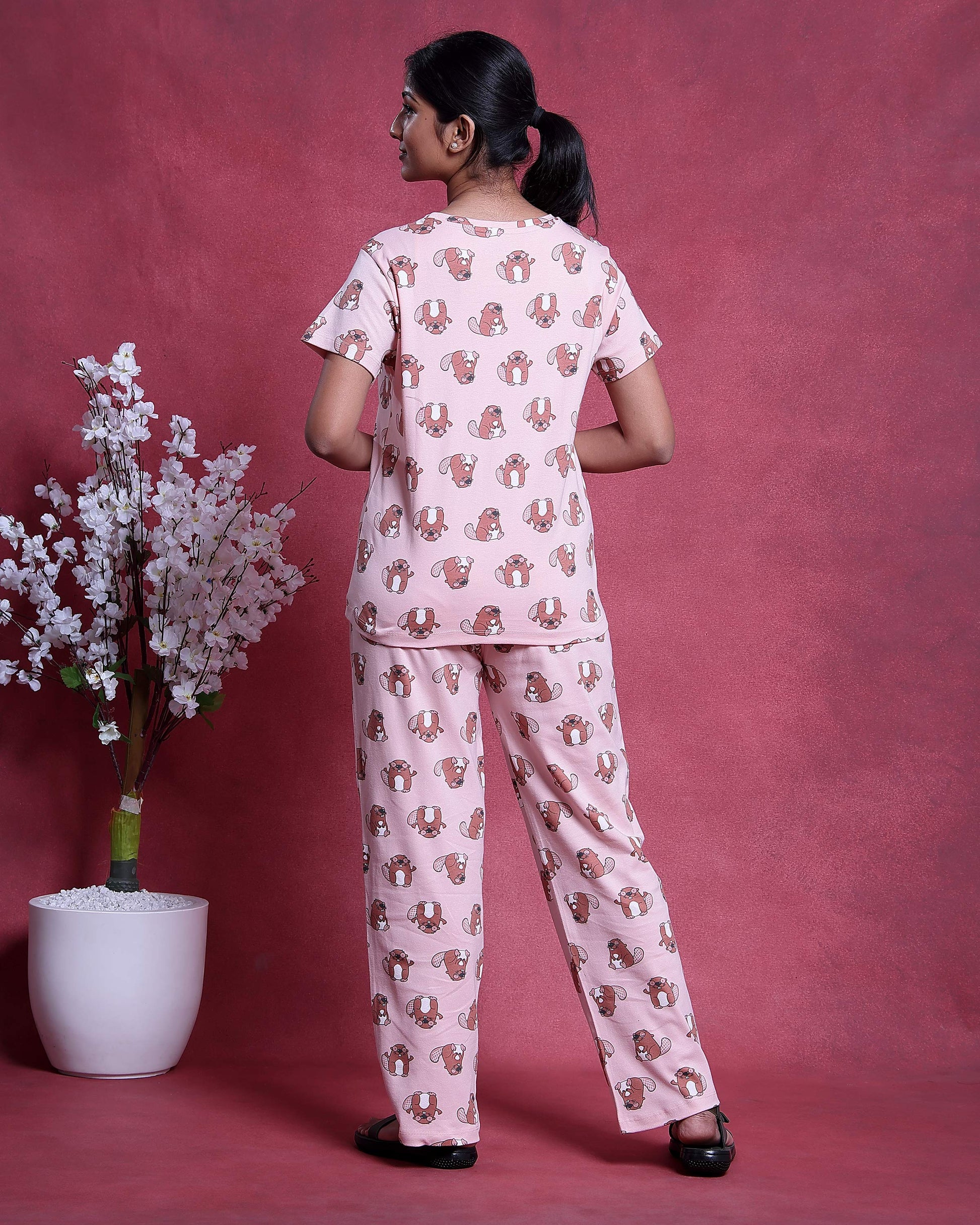 Women’s Printed Nightwear Set Short Sleeve Round Neck Top with Full Length Pajama Pants, Peach