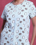 Women’s Printed Nightwear Set Short Sleeve Round Neck Top with Full Length Pajama Pants, Aqua Blue
