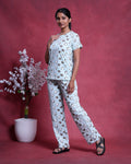 Women’s Printed Nightwear Set Short Sleeve Round Neck Top with Full Length Pajama Pants, Aqua Blue