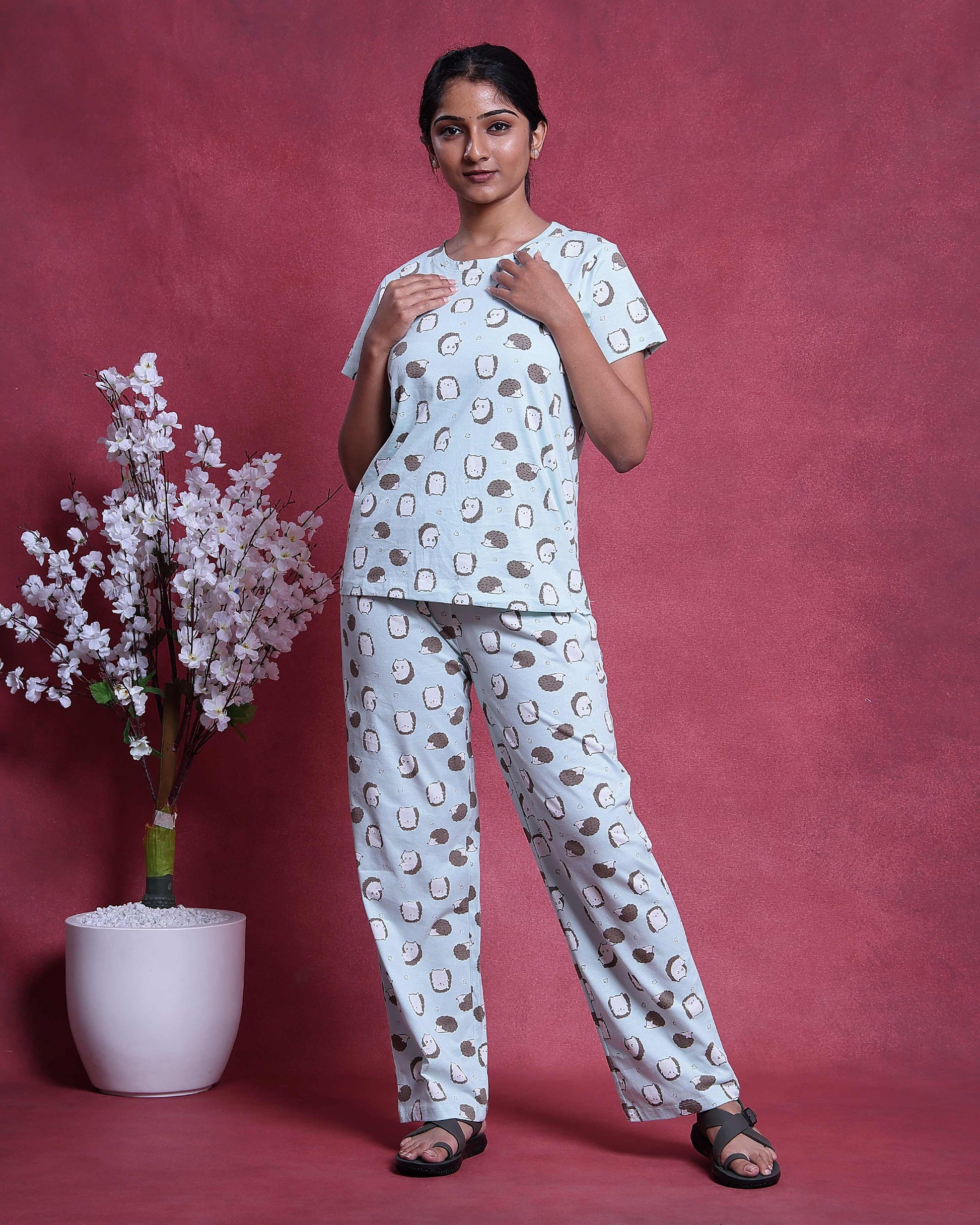 Women’s Printed Nightwear Set Short Sleeve Round Neck Top with Full Length Pajama Pants, Aqua Blue