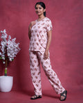 Women’s Printed Nightwear Set Short Sleeve Round Neck Top with Full Length Pajama Pants, Peach