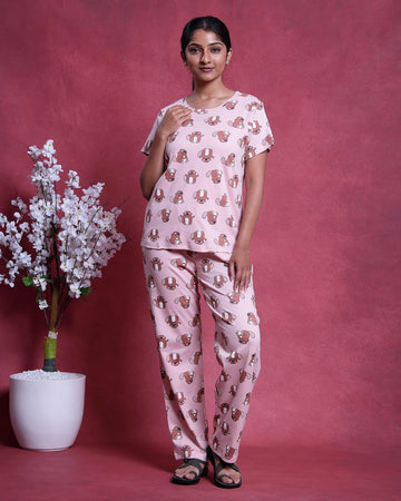 Women’s Printed Nightwear Set Short Sleeve Round Neck Top with Full Length Pajama Pants, Peach
