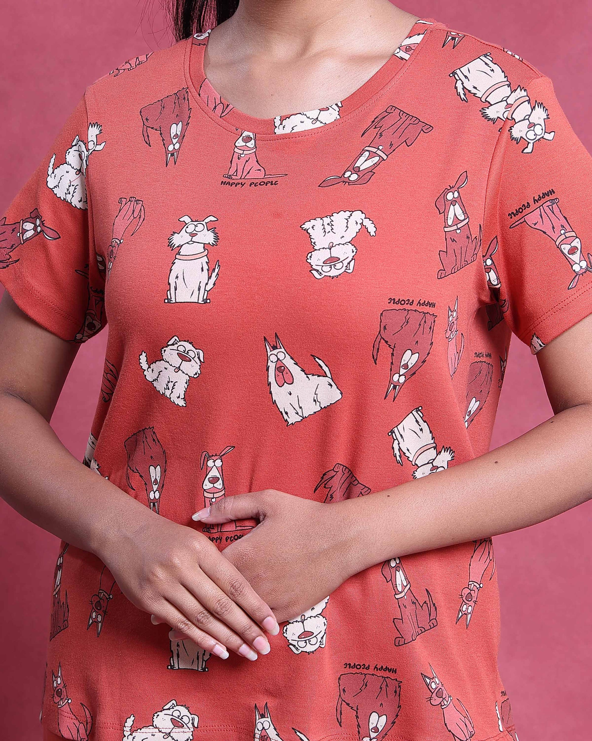 Women’s Printed Nightwear Set Short Sleeve Round Neck Top with Full Length Pajama Pants, Orange