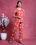 Women’s Printed Nightwear Set Short Sleeve Round Neck Top with Full Length Pajama Pants, Orange