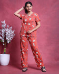 Women’s Printed Nightwear Set Short Sleeve Round Neck Top with Full Length Pajama Pants, Orange