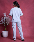 Women’s Cotton Striped Nightwear Set Short Sleeve Round Neck Top with Full Length Pajama Pants, Blue