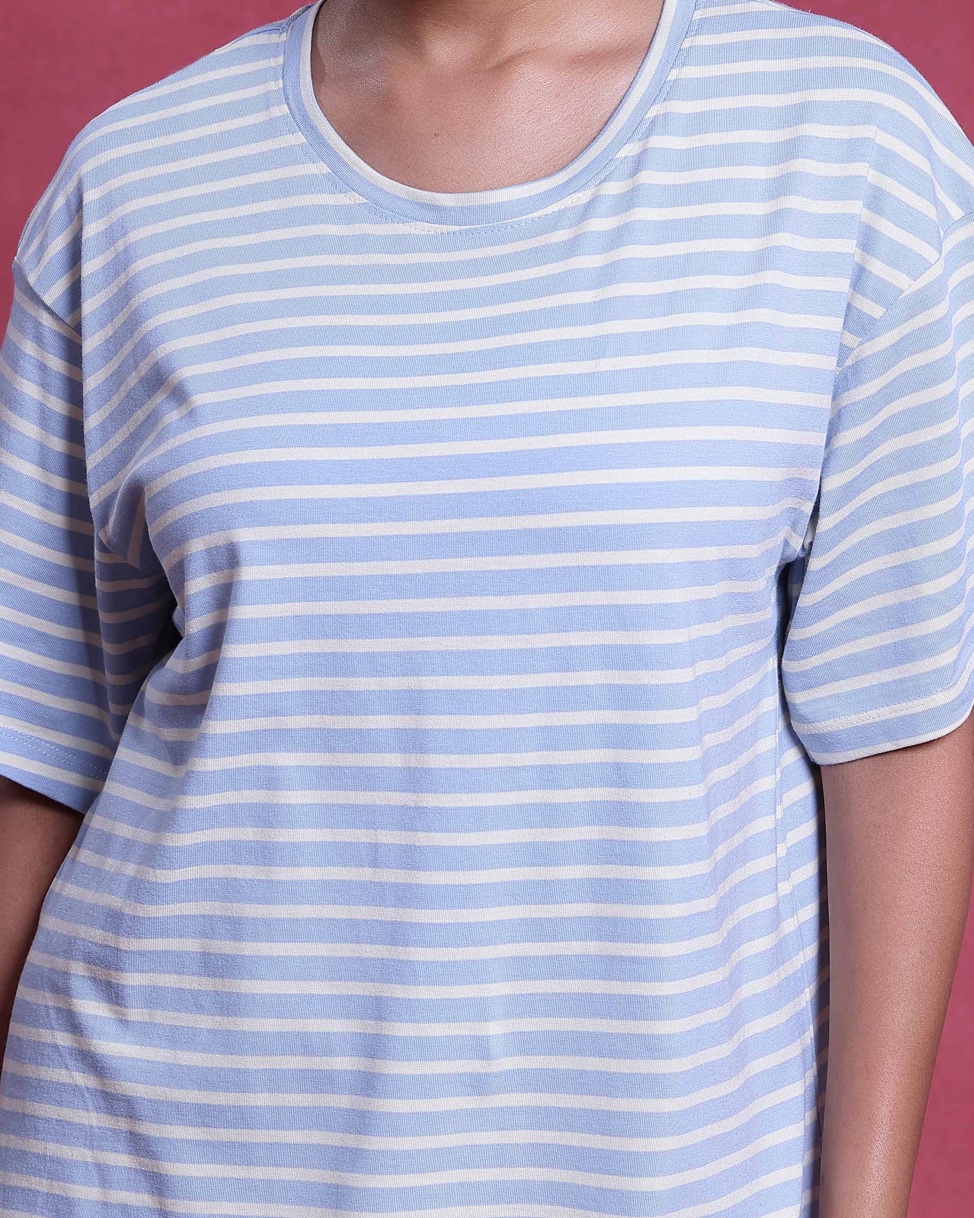 Women’s Cotton Striped Nightwear Set Short Sleeve Round Neck Top with Full Length Pajama Pants, Blue