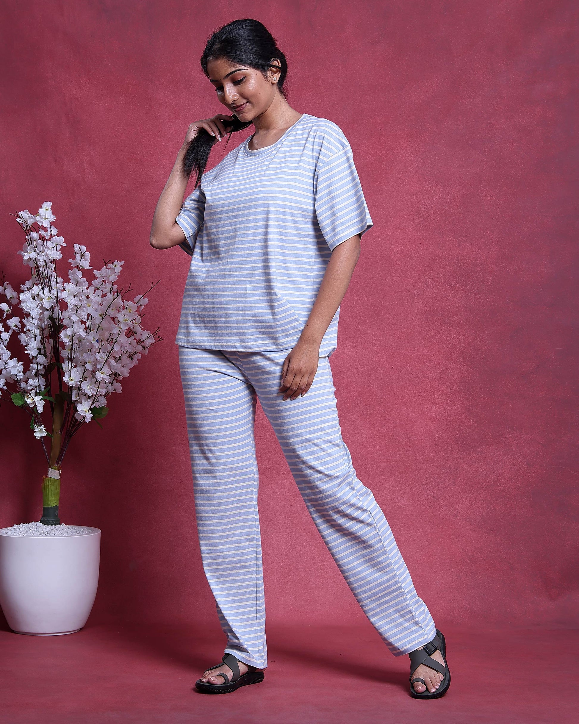 Women’s Cotton Striped Nightwear Set Short Sleeve Round Neck Top with Full Length Pajama Pants, Blue