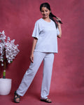 Women’s Cotton Striped Nightwear Set Short Sleeve Round Neck Top with Full Length Pajama Pants, Blue