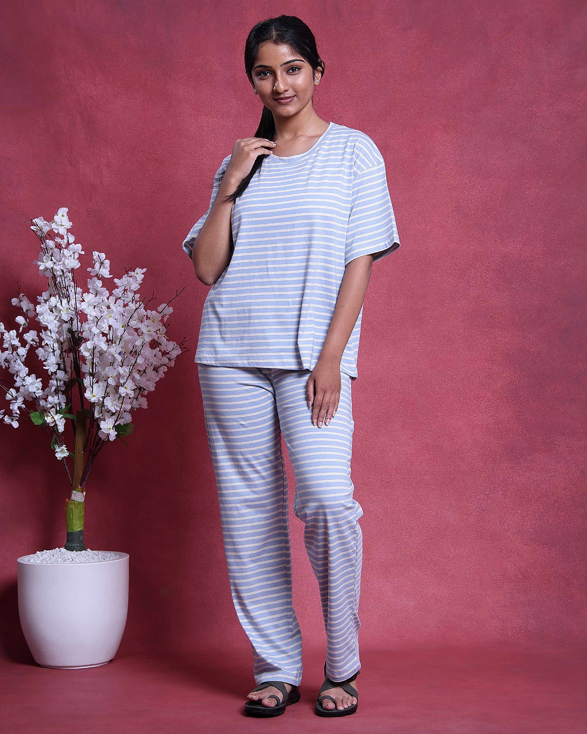 Women’s Cotton Striped Nightwear Set Short Sleeve Round Neck Top with Full Length Pajama Pants, Blue