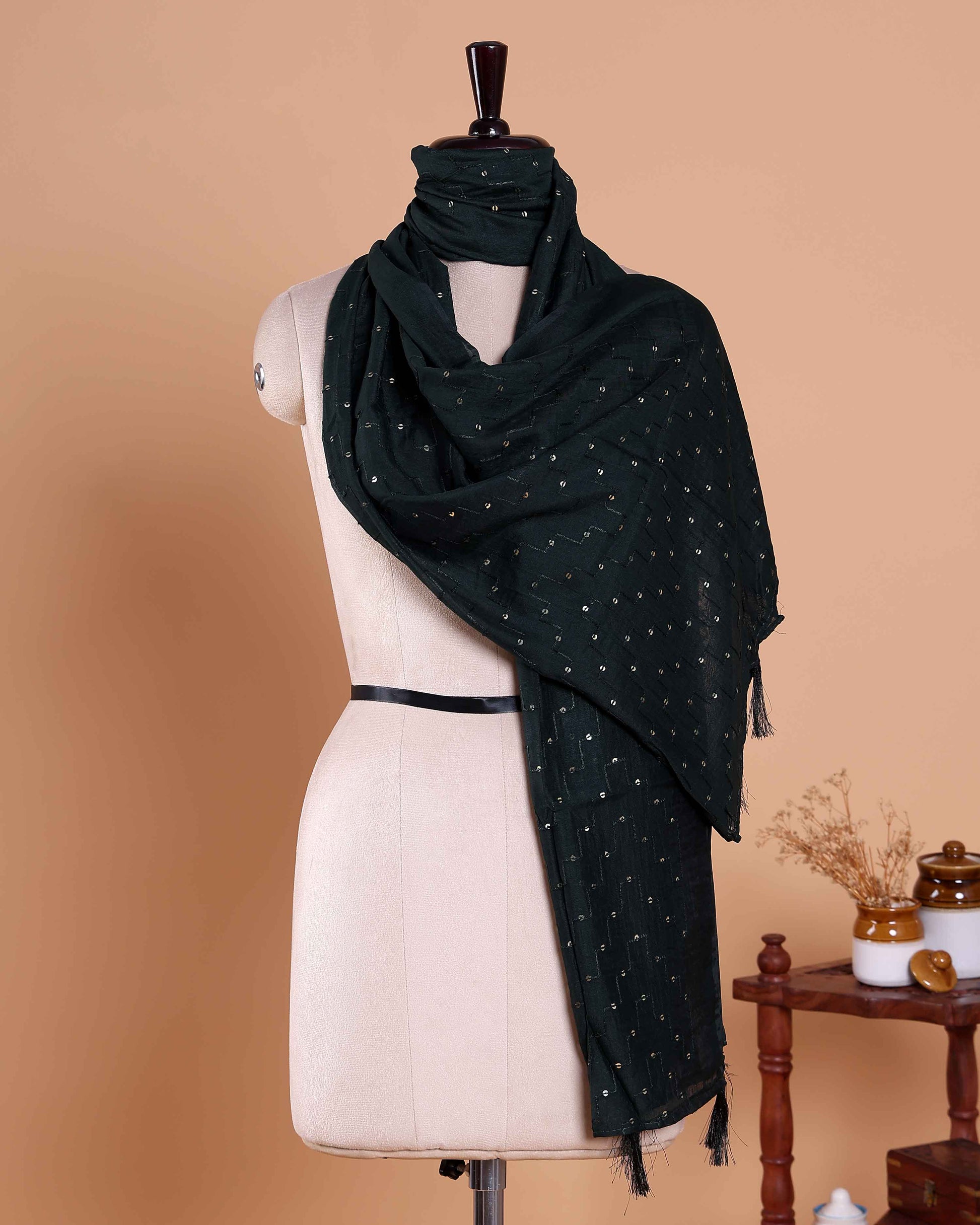 Elegant Women’s Designer Dupatta with Delicate Sequin Butta Embroidery, Dark Green