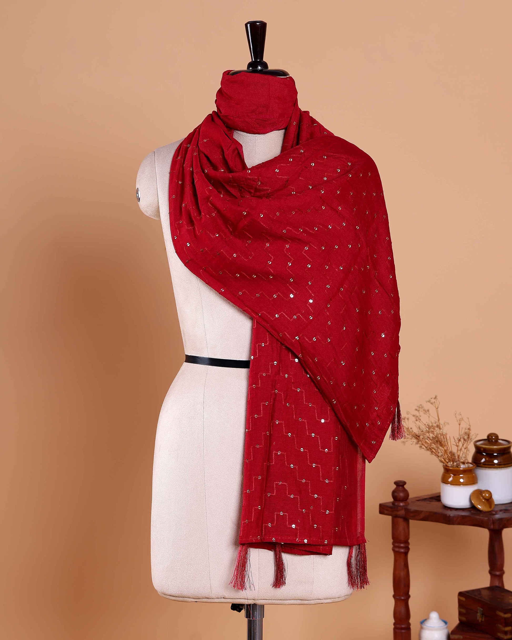 Women’s Designer Dupatta with Delicate Sequin Butta Embroidery - Red