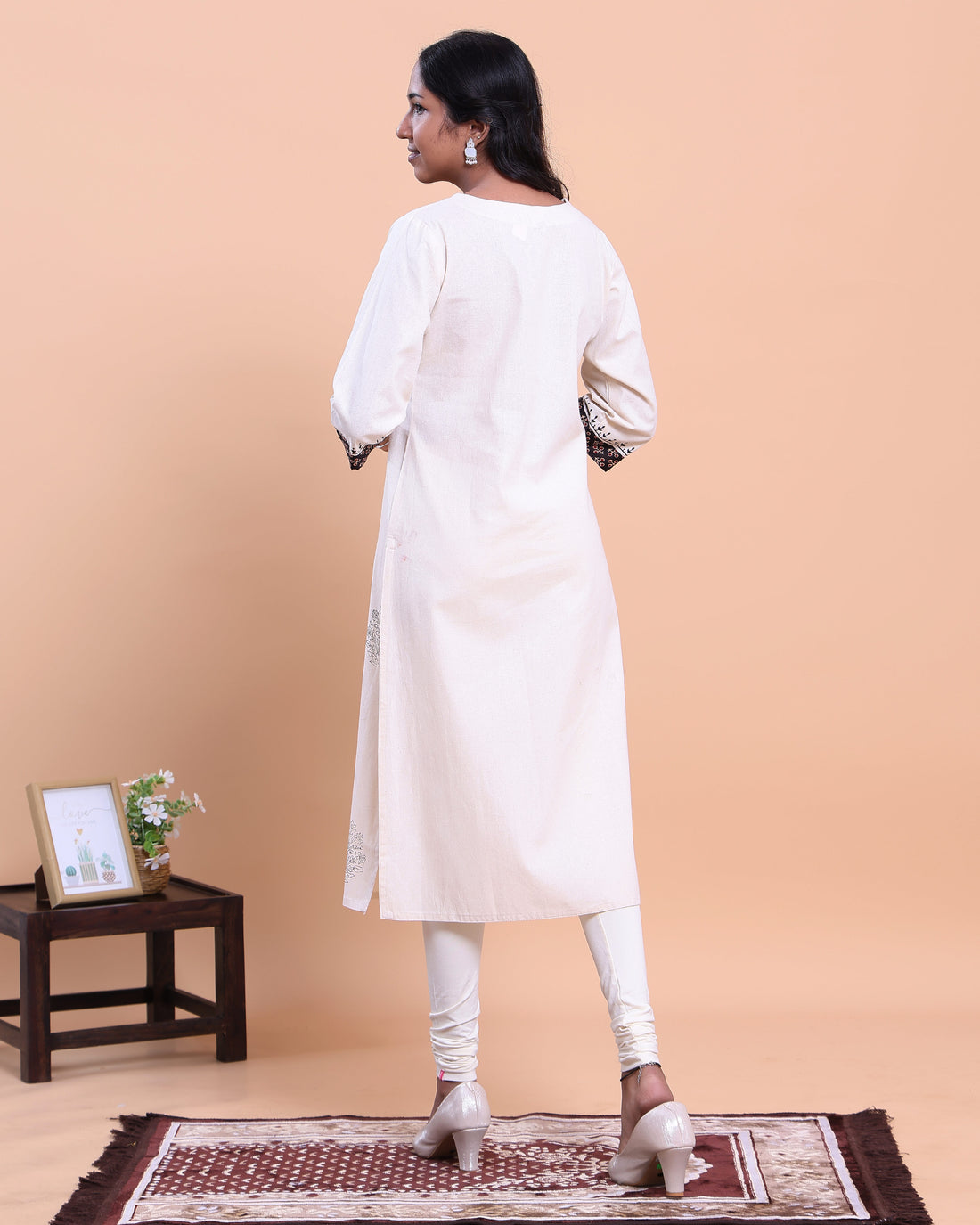 Women's Designer Geometric Yoke Design Straight Kurta with Thread Work - Cream