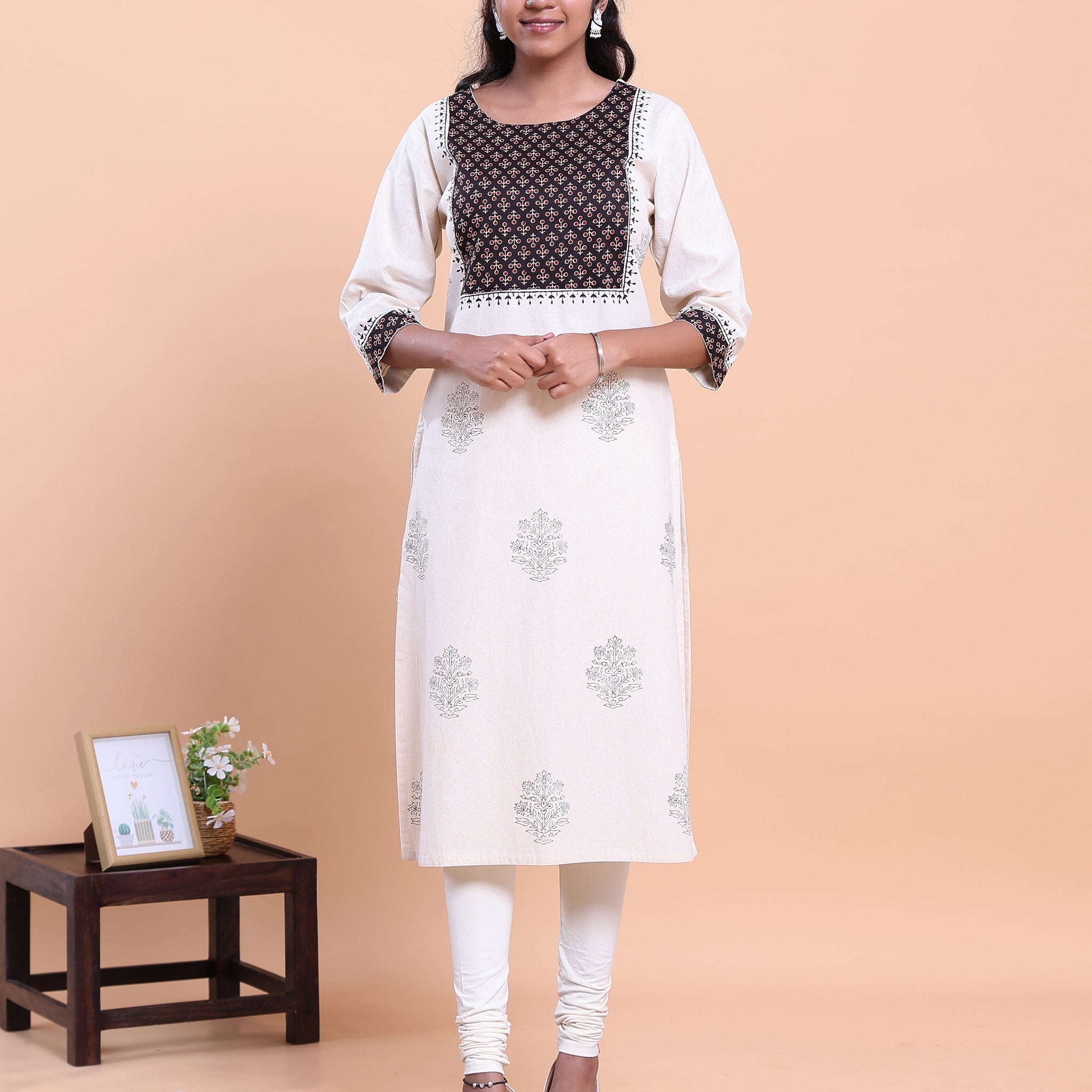 Women's Designer Geometric Yoke Design Straight Kurta with Thread Work - Cream