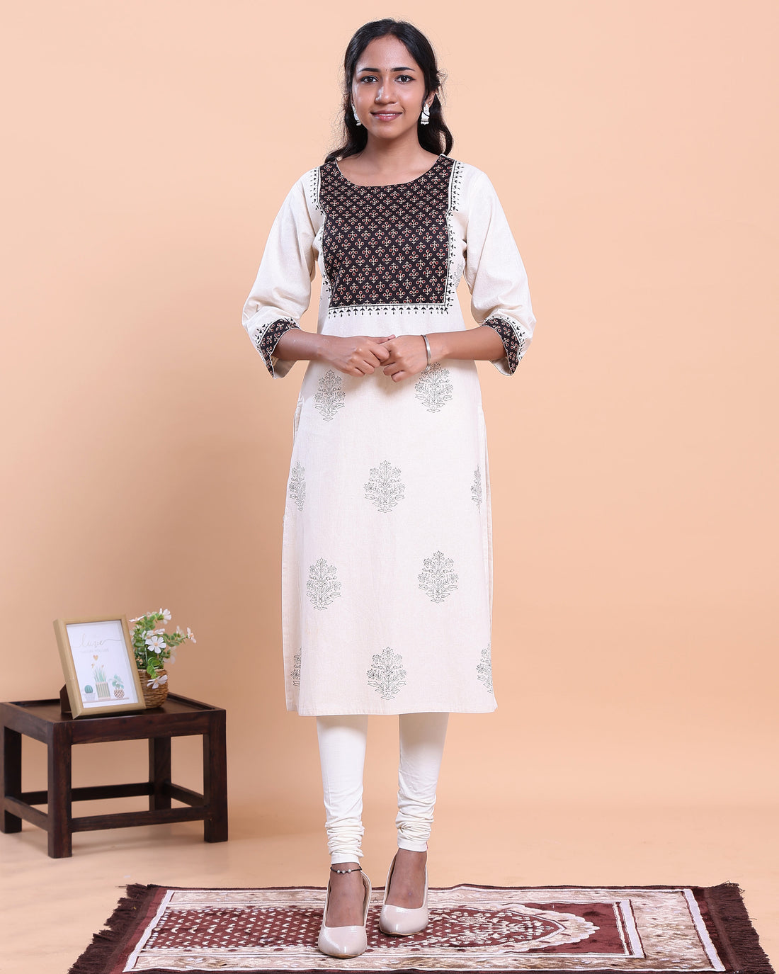 Women's Designer Geometric Yoke Design Straight Kurta with Thread Work - Cream