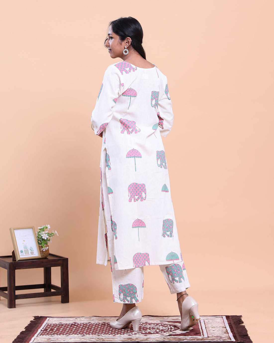 Women's Designer Printed Kurti and Palazzo Set with Elephant and Parasol Motifs - Off White