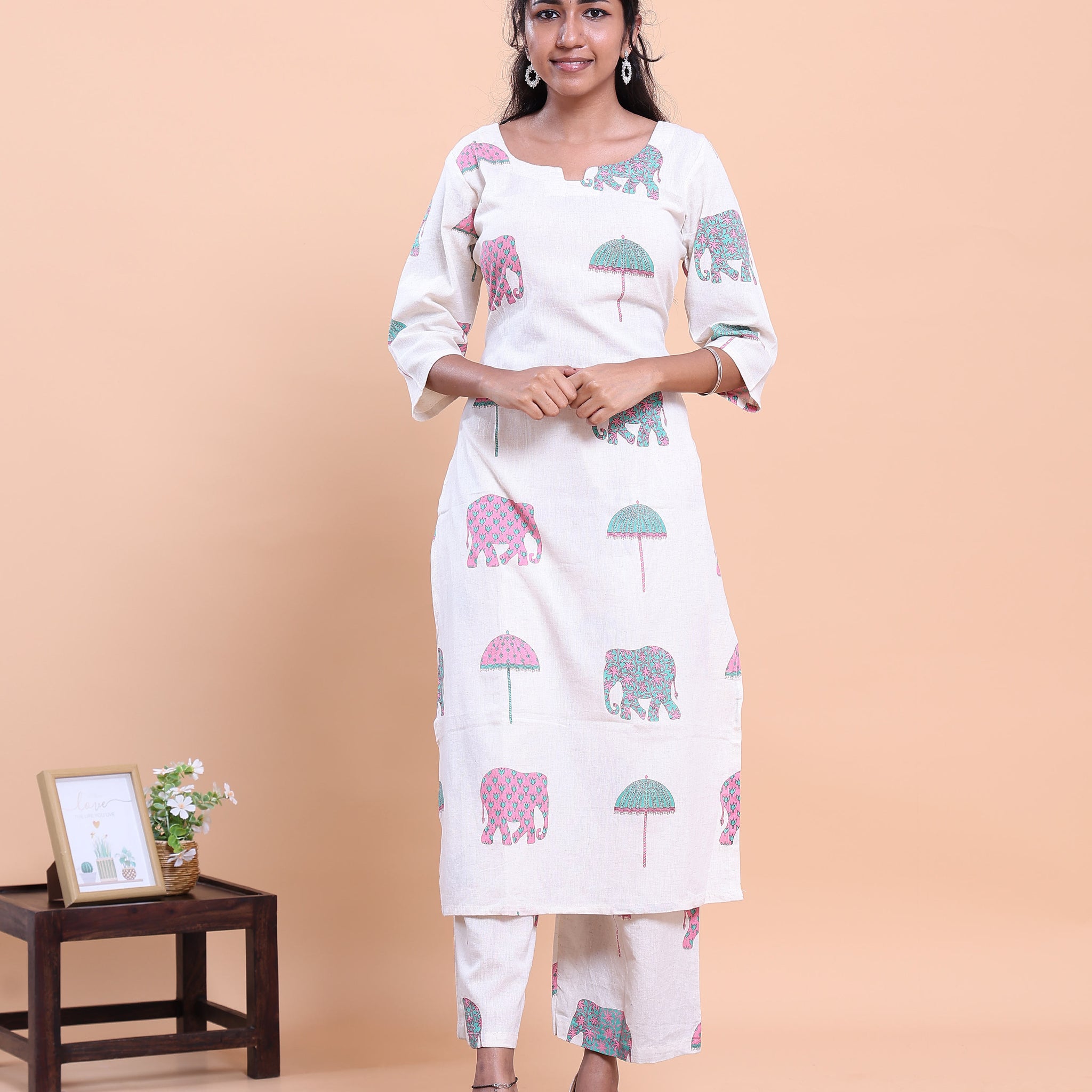Women's Designer Printed Kurti and Palazzo Set with Elephant and Parasol Motifs - Off White