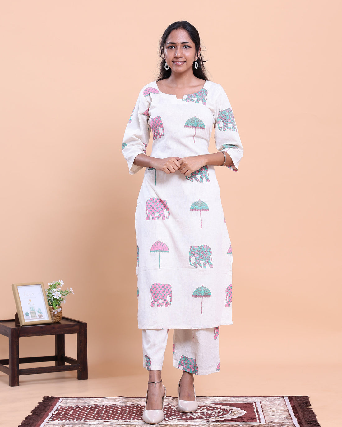 Women's Designer Printed Kurti and Palazzo Set with Elephant and Parasol Motifs - Off White