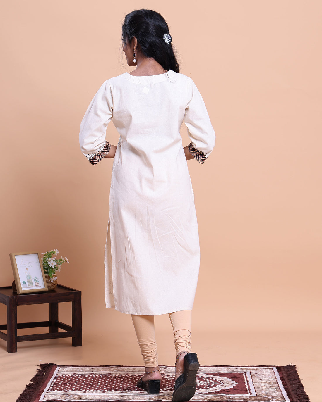 Women's Designer Round Neck Kurta with Geometric Yoke and Floral Motifs - Cream