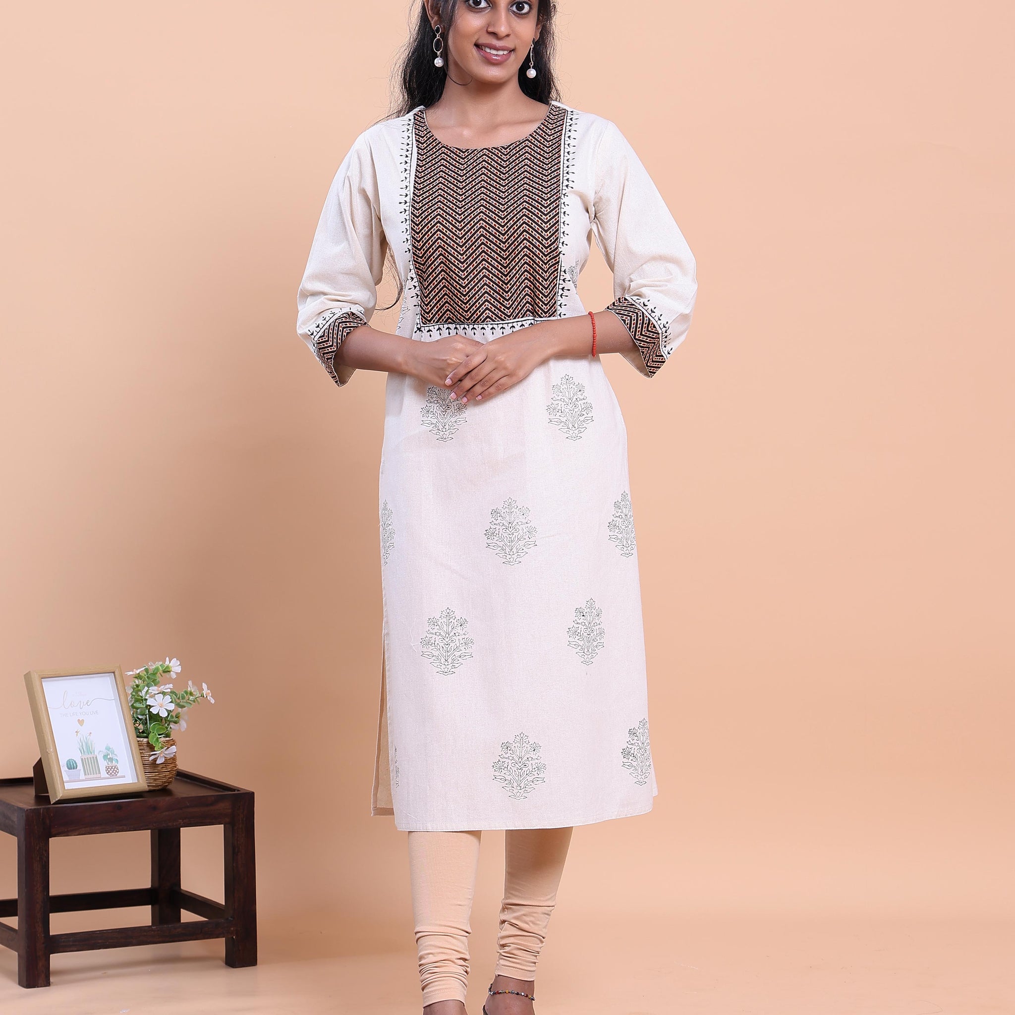 Women's Designer Round Neck Kurta with Geometric Yoke and Floral Motifs - Cream