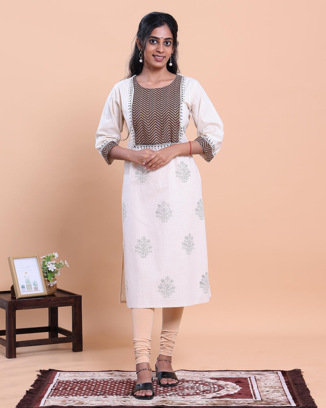 Women's Designer Round Neck Kurta with Geometric Yoke and Floral Motifs - Cream