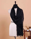 Women’s Dupatta in Soft Textured with Wrinkled Finish and Decorative Tassel Edges - Black