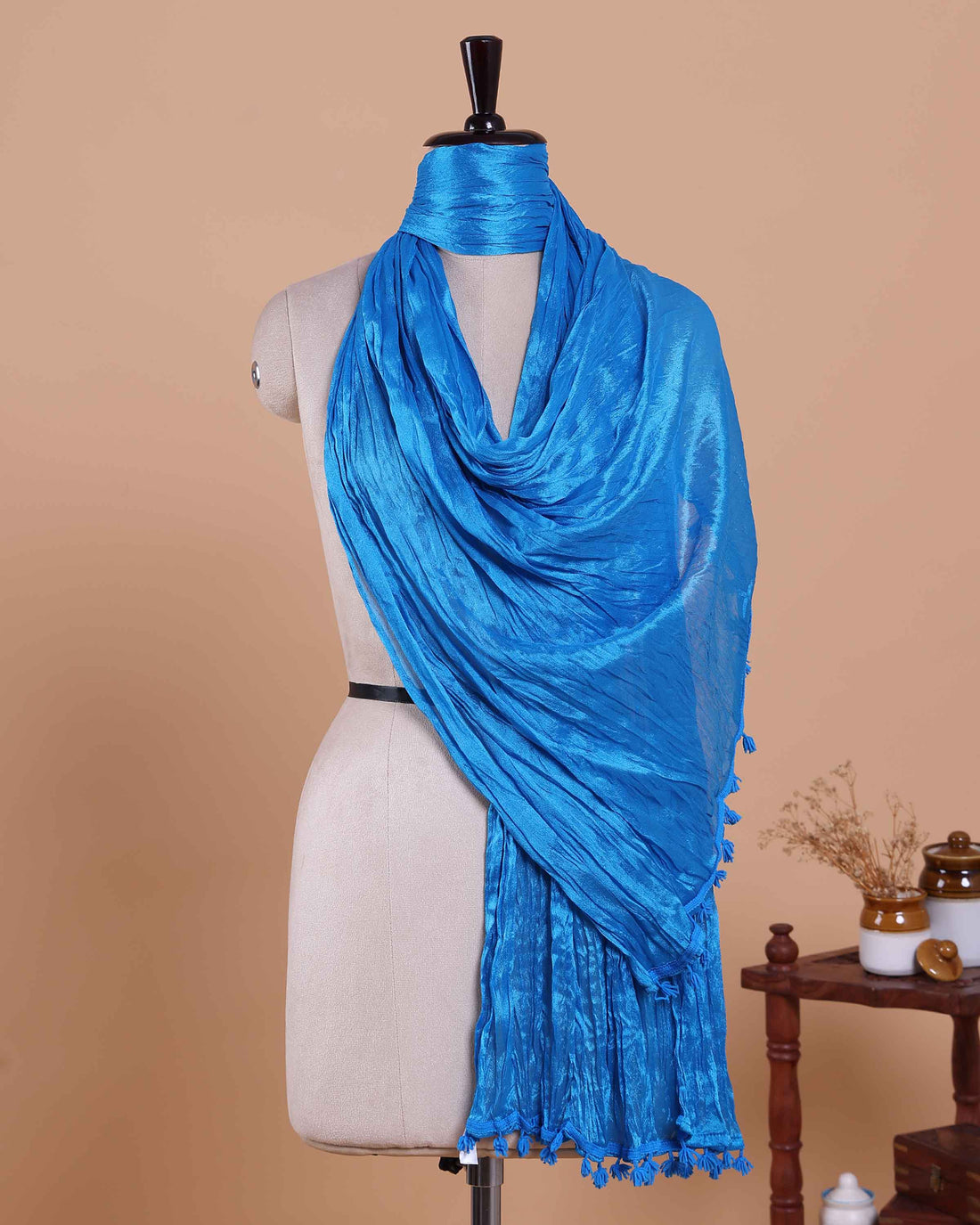 Stylish Women’s Dupatta in Soft Textured with Wrinkled Finish and Decorative Tassel Edges - Blue