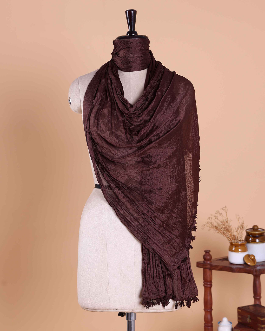 Stylish Women’s Dupatta in Soft Textured with Wrinkled Finish and Decorative Tassel Edges - Dark Brown