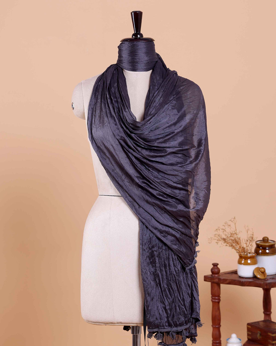 Stylish Women’s Dupatta in Soft Textured with Wrinkled Finish and Decorative Tassel Edges - Dark Grey