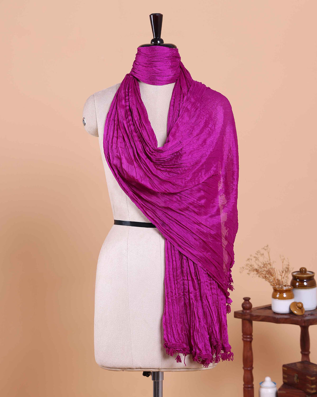 Stylish Women’s Dupatta in Soft Textured with Wrinkled Finish and Decorative Tassel Edges - Magenta