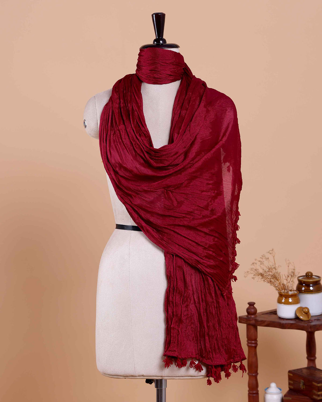 Stylish Women’s Dupatta in Soft Textured with Wrinkled Finish and Decorative Tassel Edges - Maroon