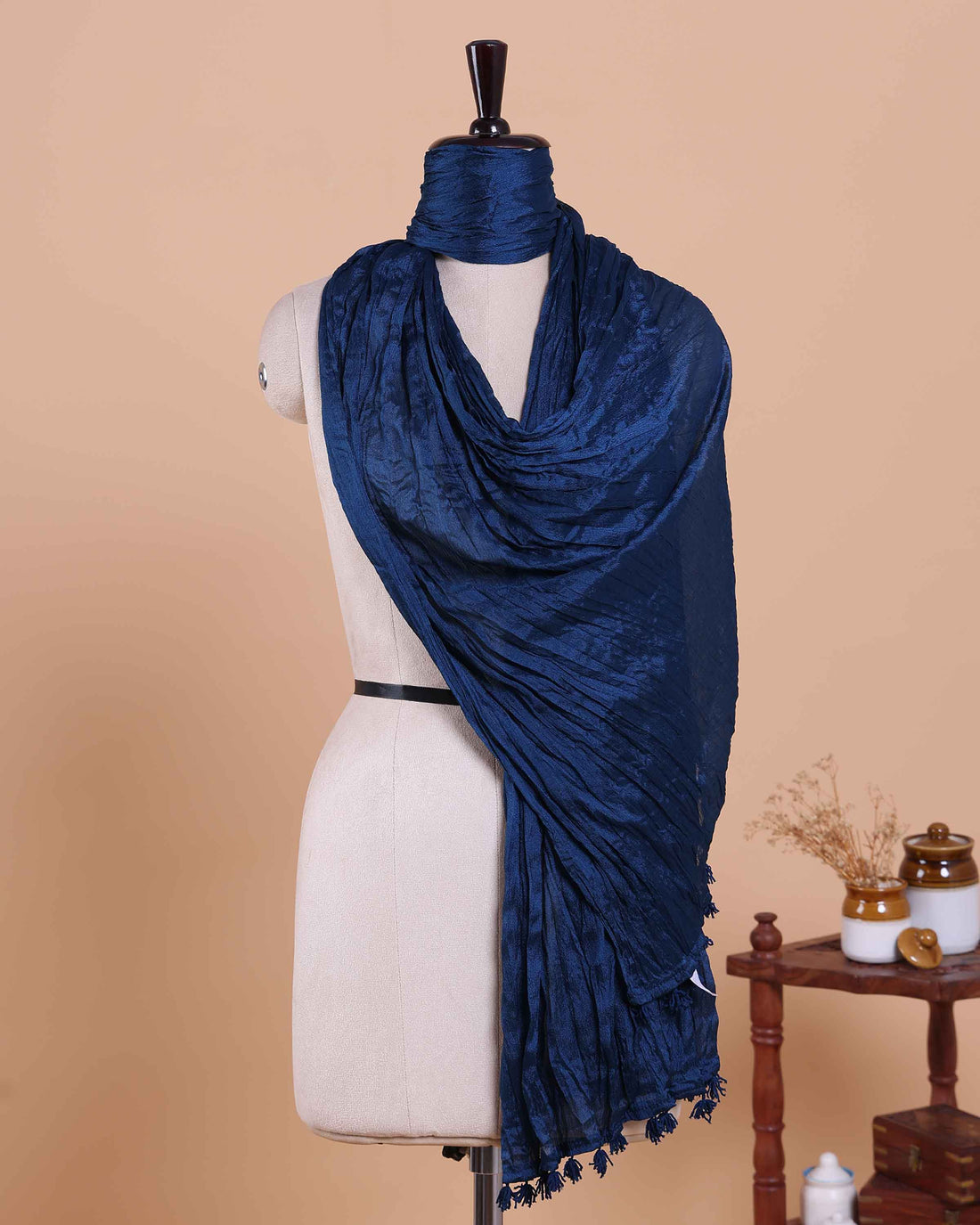 Stylish Women’s Dupatta in Soft Textured with Wrinkled Finish and Decorative Tassel Edges - Navy Blue