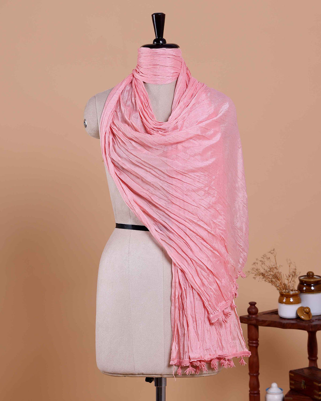 Elegant Women’s Dupatta in Soft Textured with Wrinkled Finish and Decorative Tassel Edges - Pink