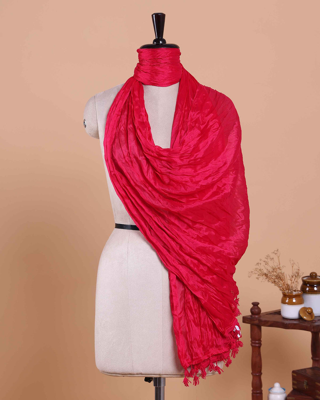 Stylish Women’s Dupatta in Soft Textured with Wrinkled Finish and Decorative Tassel Edges - Red
