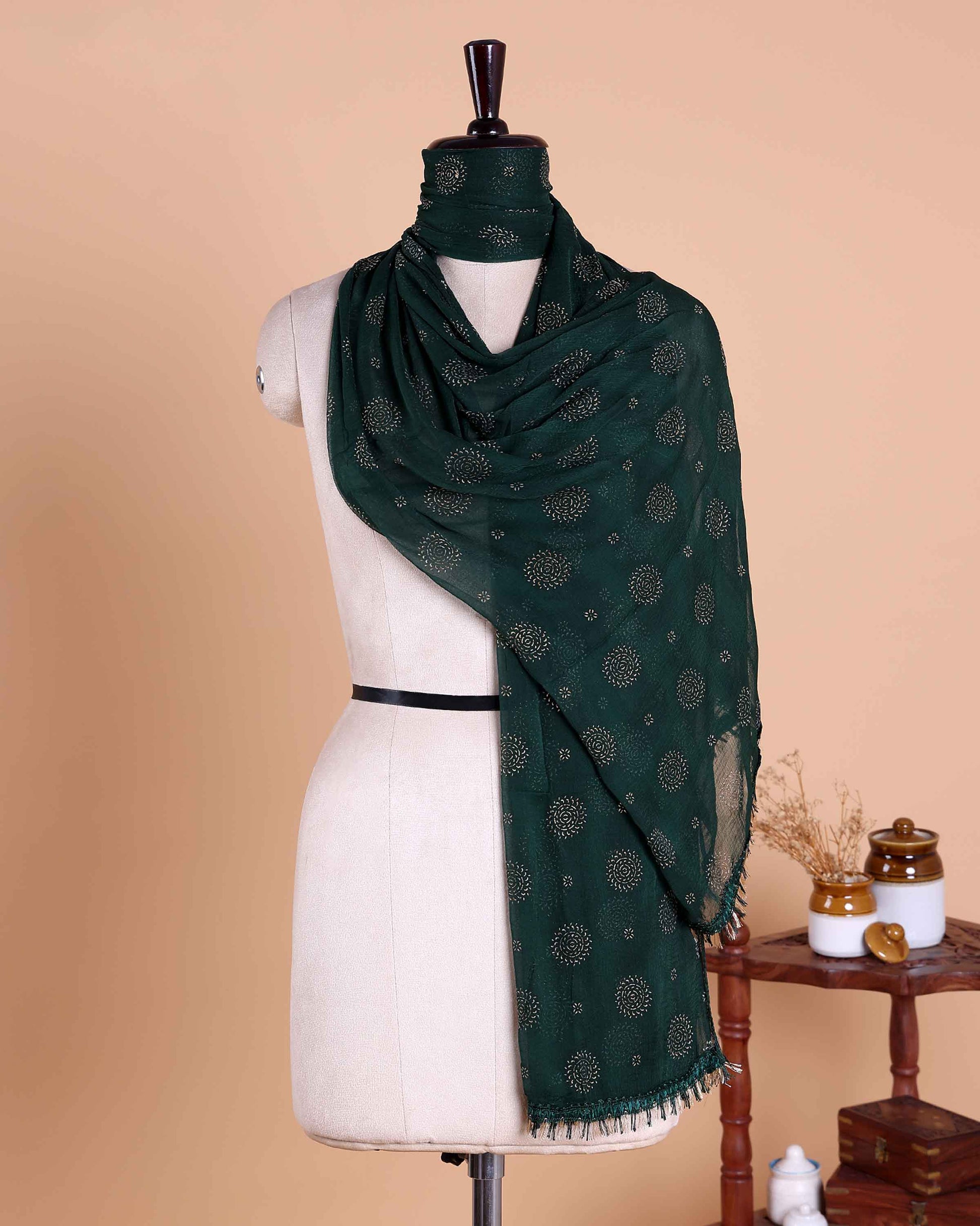 Women’s Dupatta with All Over Circular Sequin Butta Motifs with Delicate Embroidery & Tassel Border - Dark Green