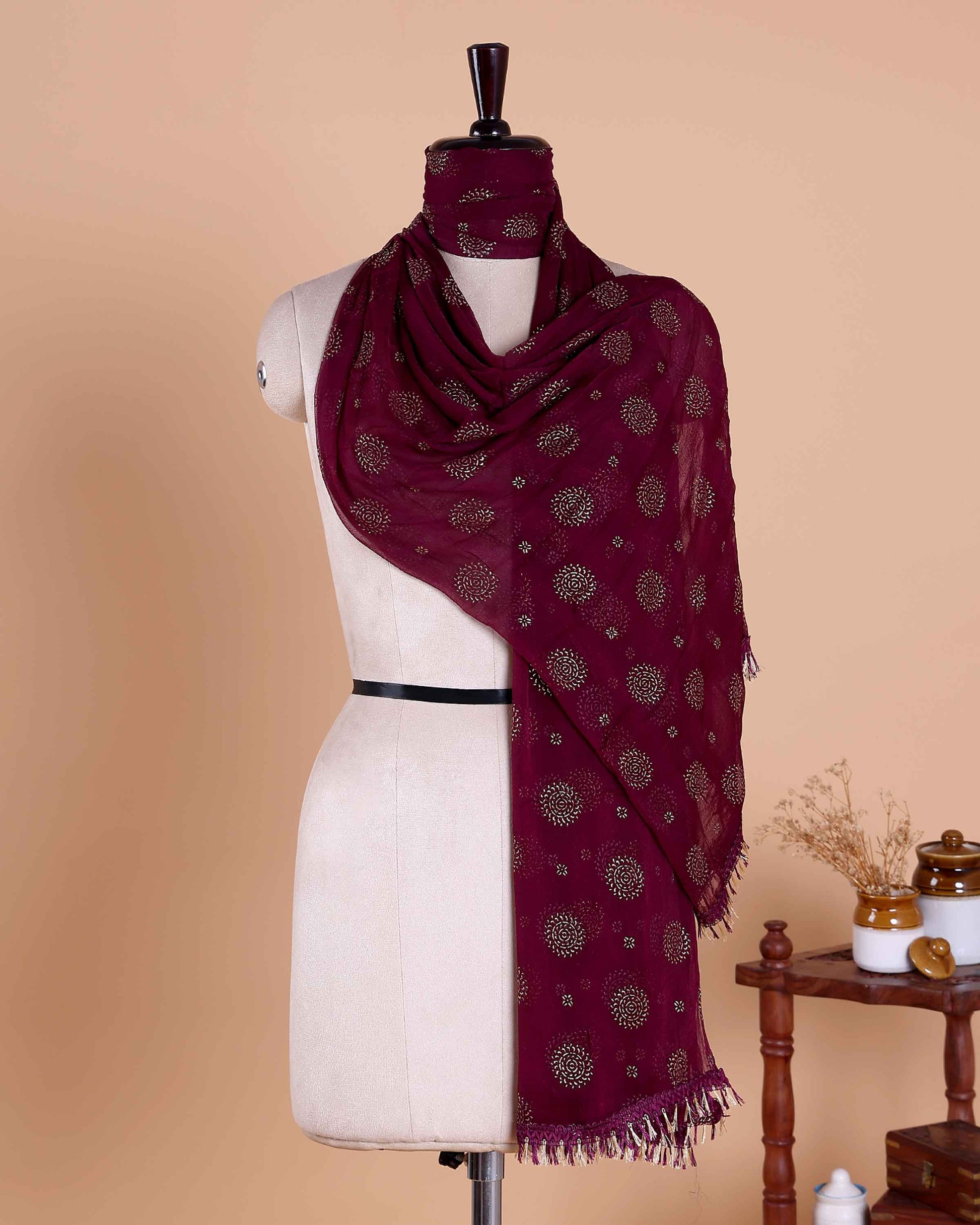 Elegant Women’s Dupatta with All Over Circular Sequin Butta Motifs with Delicate Embroidery & Tassel Border, Purple