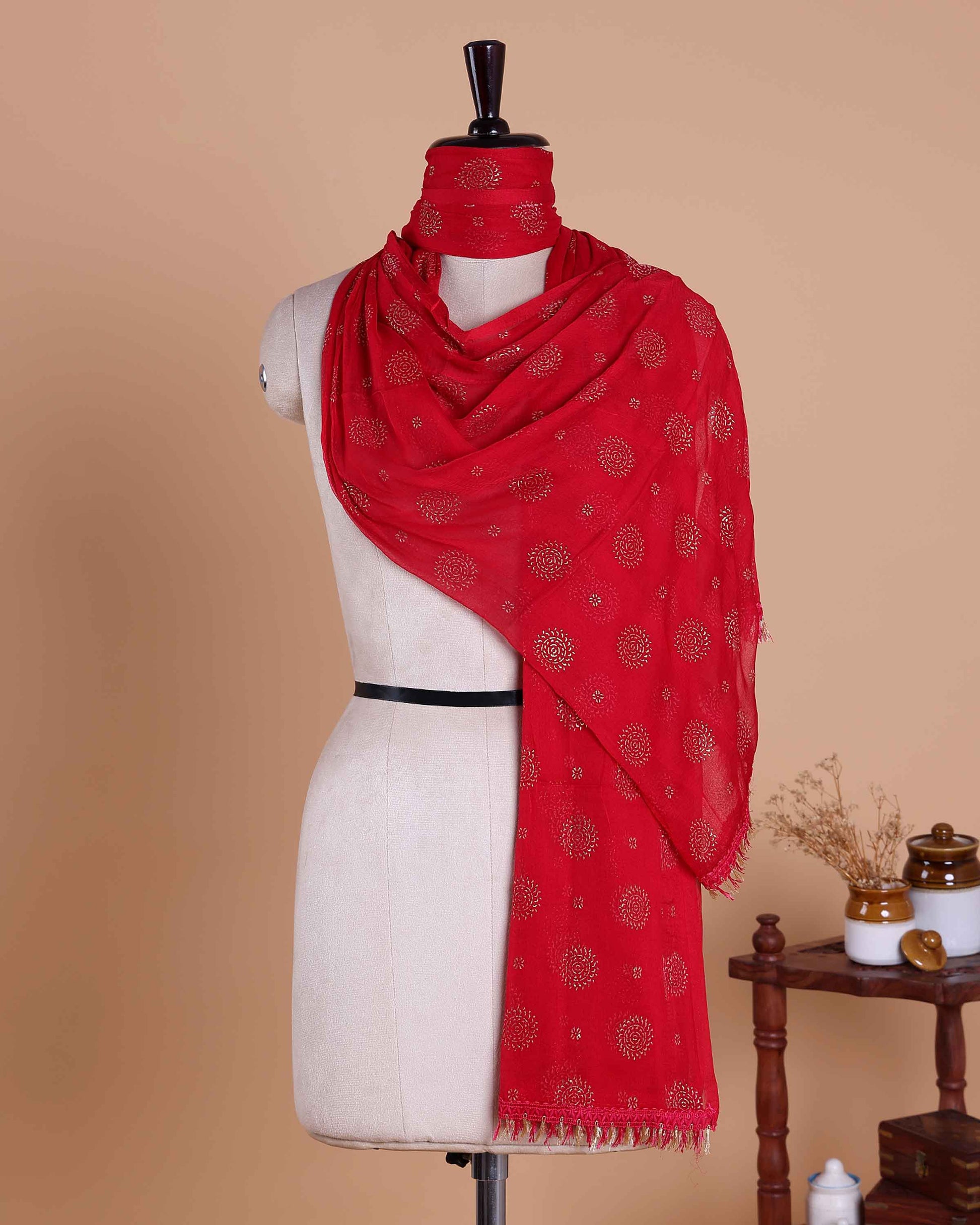 Elegant Women’s Dupatta with All Over Circular Sequin Butta Motifs with Delicate Embroidery & Tassel Border, Deep Pink