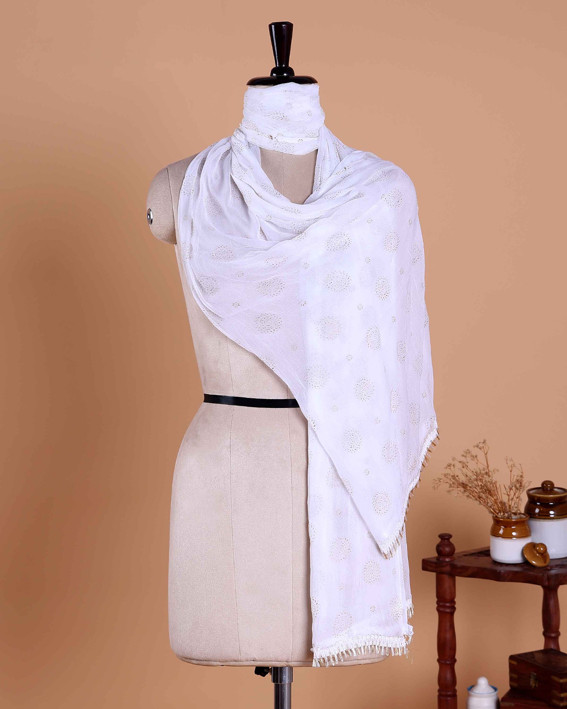 Women’s Dupatta with All Over Circular Sequin Butta Motifs with Delicate Embroidery & Tassel Border - White