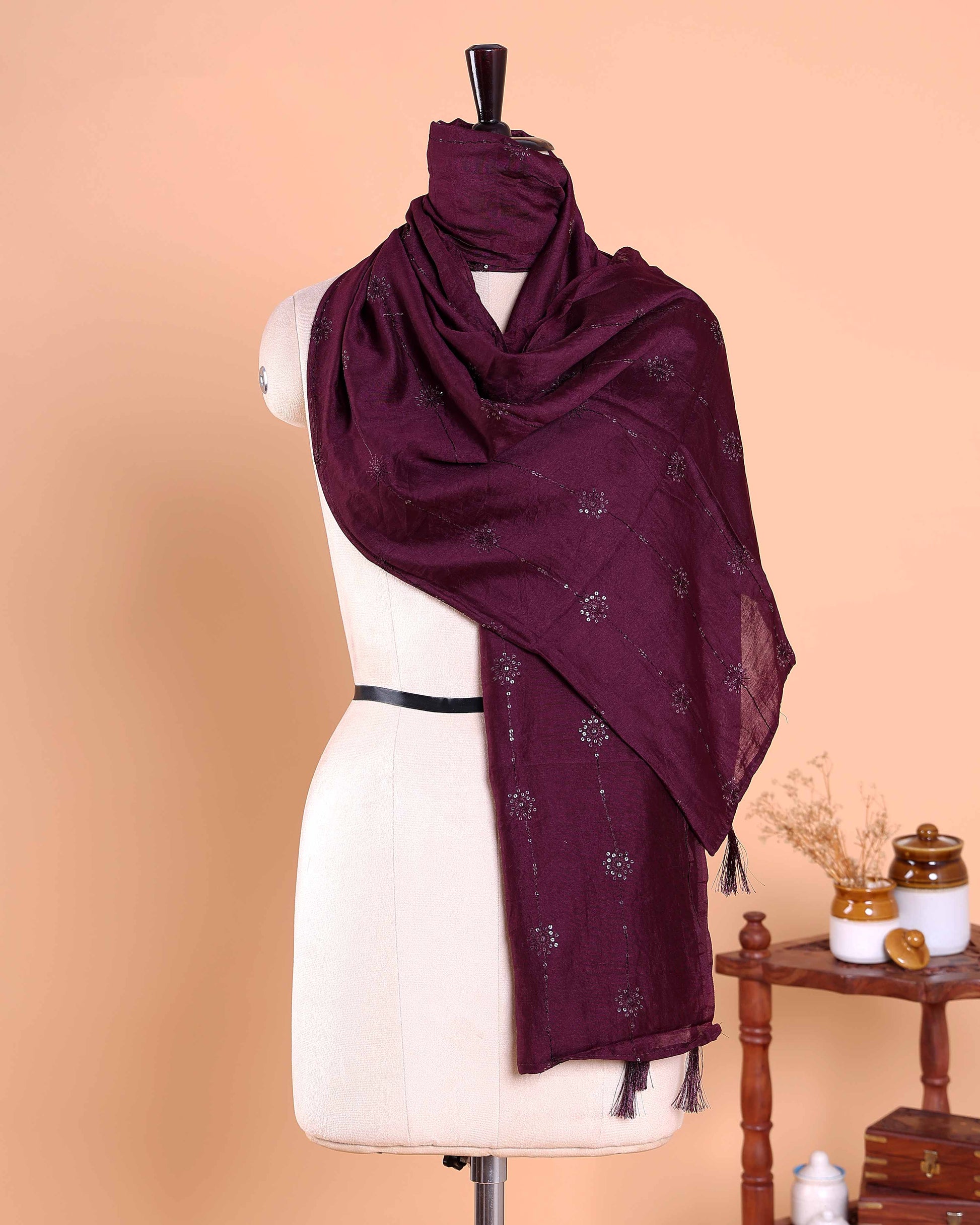 Women’s Dupatta with Delicate Floral Embellished Butta Design - Burgundy