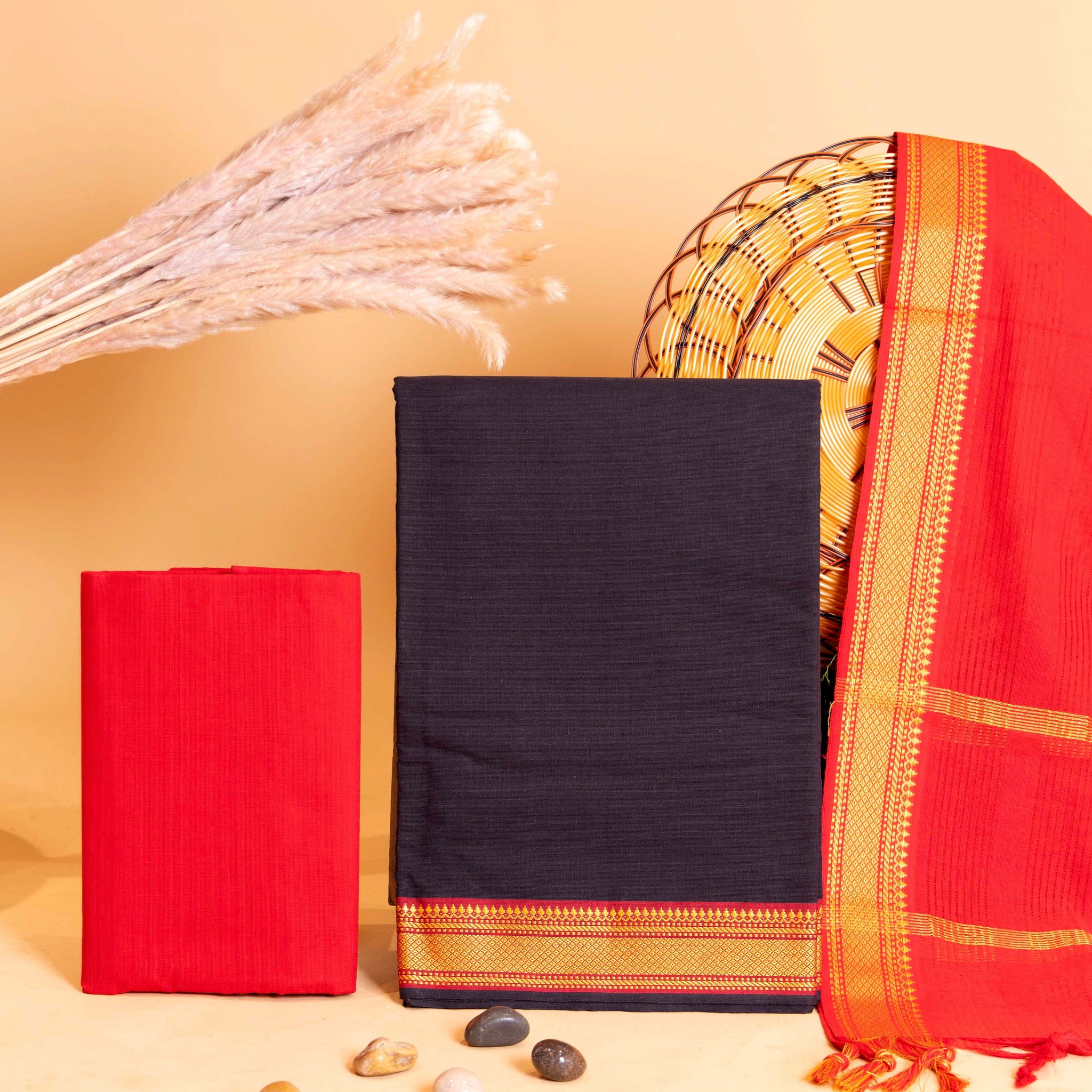 Women's Elegant Cotton Handloom Unstitched Salwar Suit Set with Zari Border - Dark Grey