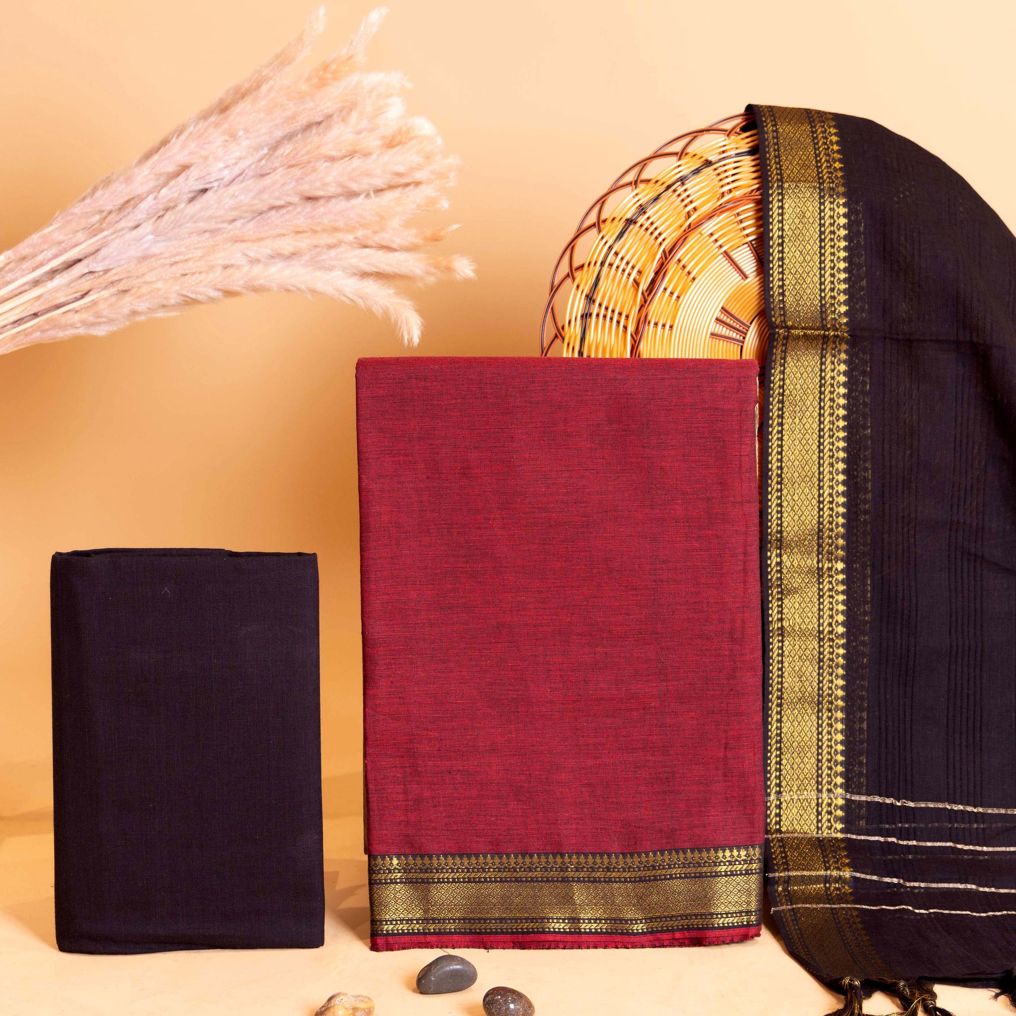 Women's Elegant Cotton Handloom Unstitched Salwar Suit Set with Zari Border - Maroon