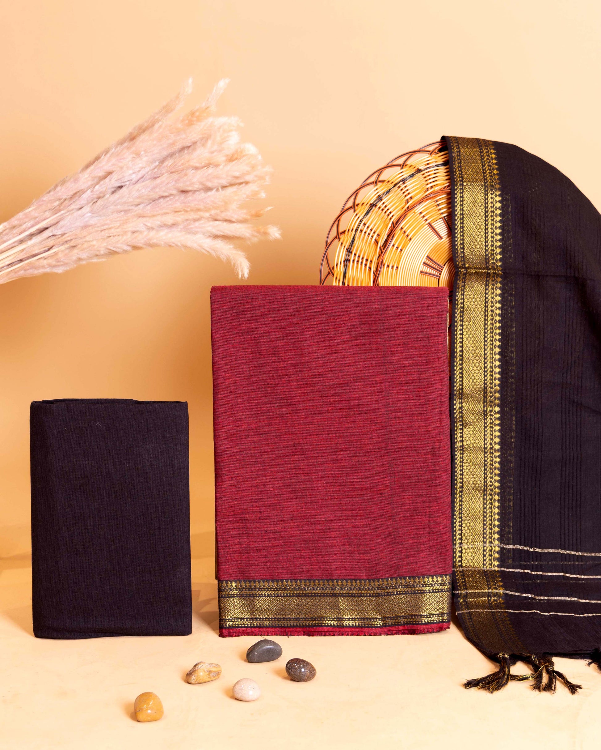 Women's Elegant Cotton Handloom Unstitched Salwar Suit Set with Zari Border - Maroon