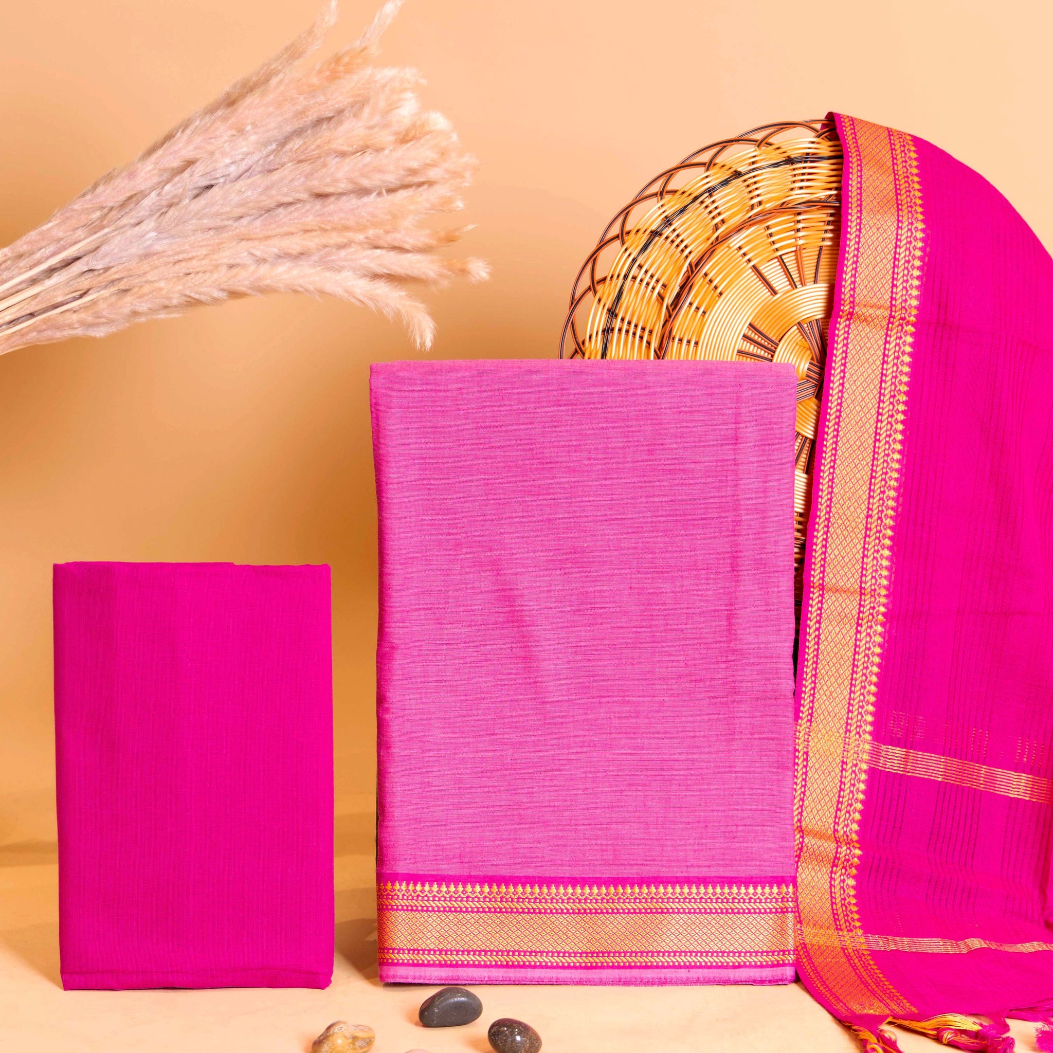 Women's Elegant Handloom Cotton Salwar Material with Traditional Zari Border - Pink