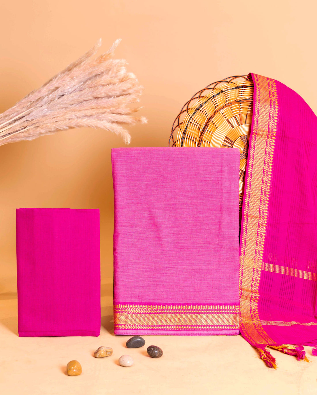 Women's Elegant Handloom Cotton Salwar Material with Traditional Zari Border - Pink