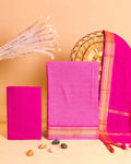 Women's Elegant Handloom Cotton Salwar Material with Traditional Zari Border - Pink