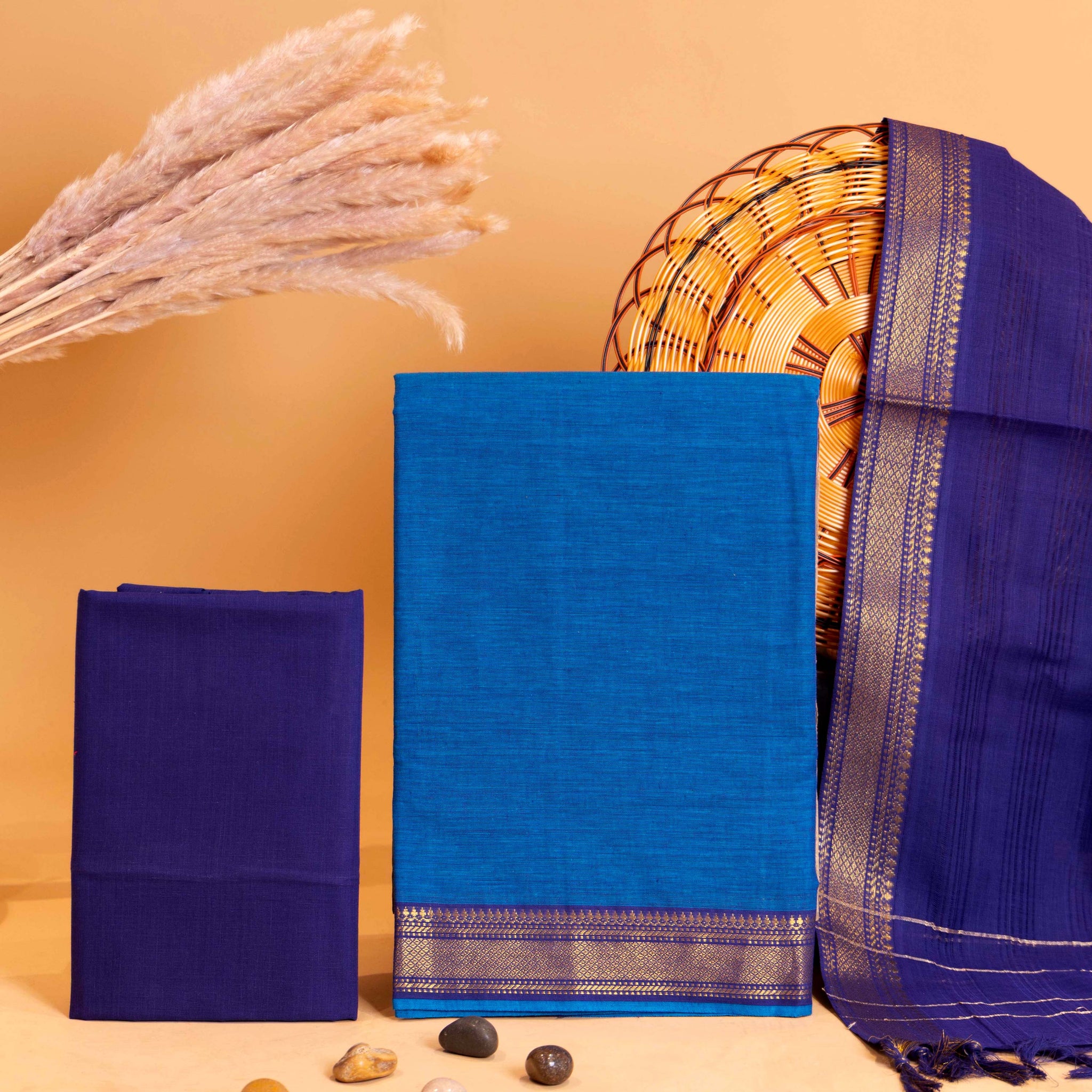 Women's Elegant Handloom Cotton Unstitched Dress Material with Zari Border - Blue