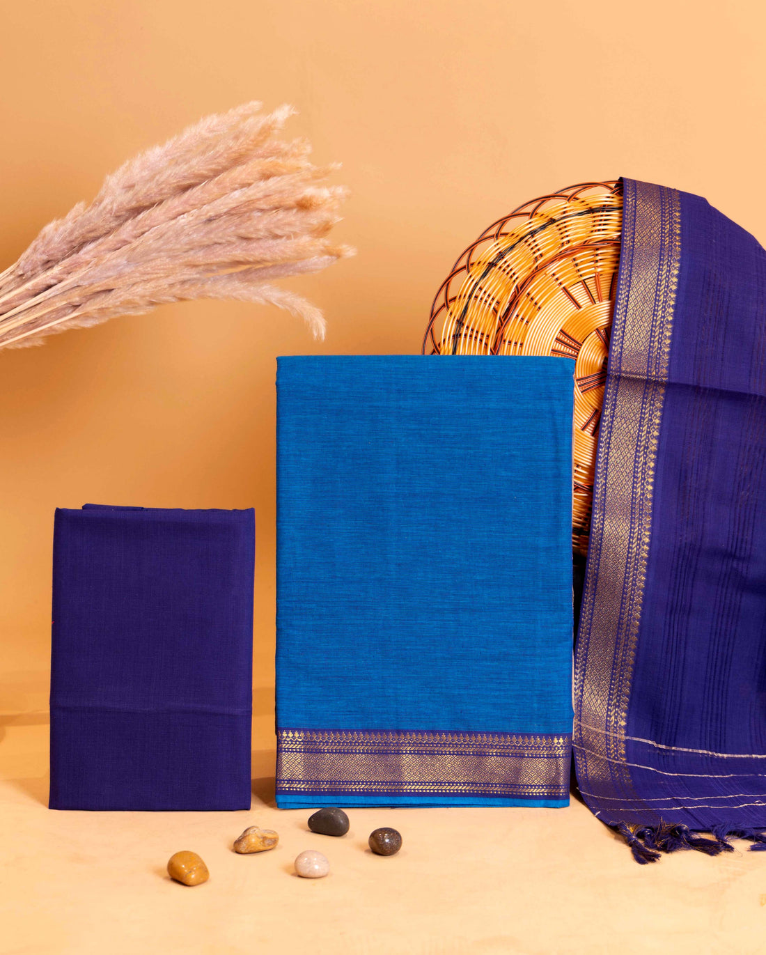 Women's Elegant Handloom Cotton Unstitched Dress Material with Zari Border - Blue