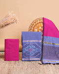 Women’s Elegant Woven Ikkat Design Salwar Suit Material Set with Traditional Patterned Design Top 2.5 Mtr, Solid Bottom 2 Mtr & Contrast Border Dupatta 2.25 Mtr, Blue