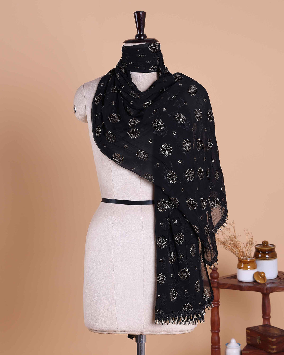 Elegant Women’s Dupatta with All Over Circular Sequin Butta Motifs with Delicate Embroidery & Tassel Border, Black